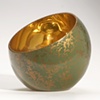 Unique Slant Glass Bowl With Hand Painted Green and Antique Gold Patina