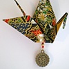 Red Black Gold Origami Crane Pin with Good Luck Asian Dangle