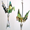 Floral Green Crane Earrings with Silver Chopsticks Dangle