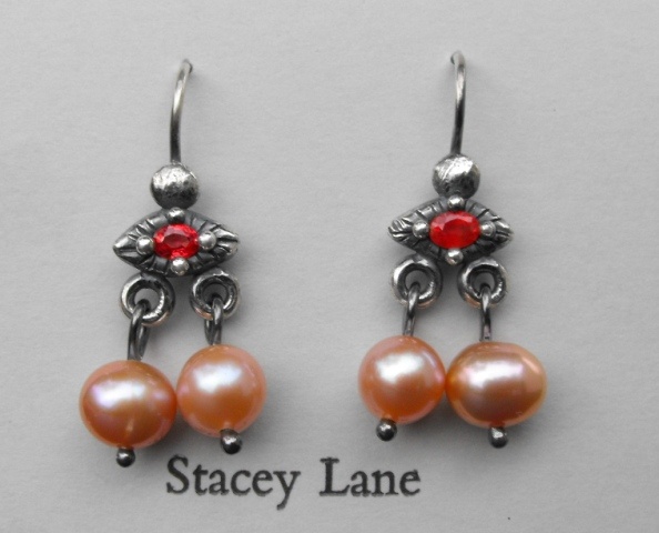Orange Sapphire and Pink Pearl Trembling Earrings