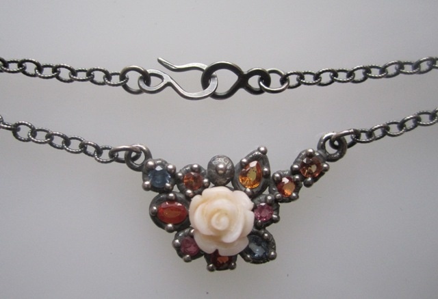 Encrusted Necklace with Sapphires and Coral Rose