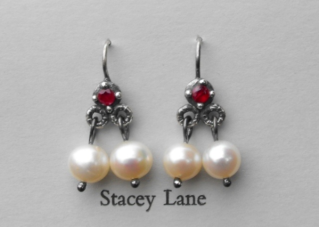 Ruby Trembling Earrings with White Pearls