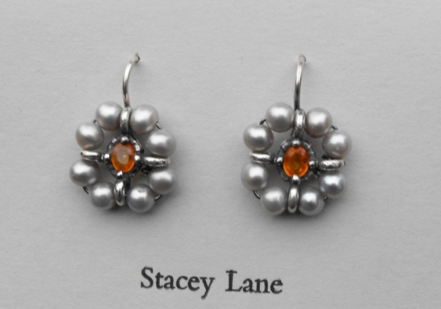 Orange Sapphire and Grey Pearl Surround Earrings