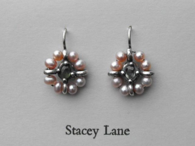 Grey/Green Sapphire and Pink Pearl Surround Earrings
