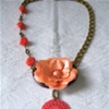 Vintage Enamel Flower, Wood and Jade Necklace