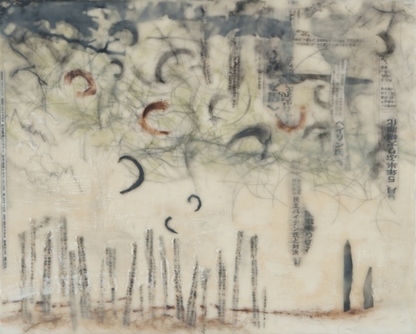 mixed media encaustic painting of tree and stock market falling by Brandy Eiger