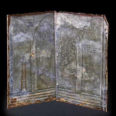 Mixed Media encaustic artist book sculpture on metal by Brandy Eiger with calligraphy and ladder