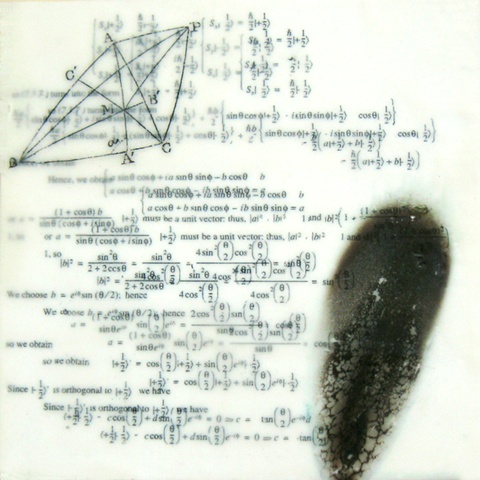 mixed media abstract encaustic painting with mathematic scientific theorems by Brandy Eiger
