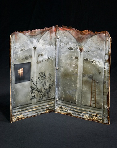 Mixed Media encaustic painted book sculpture on metal by Brandy Eiger with ladder and photograph