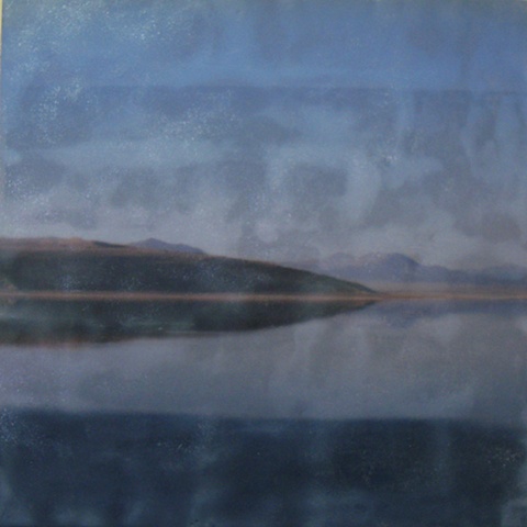 mixed media encaustic painting of mountain lake at dawn by Brandy Eiger