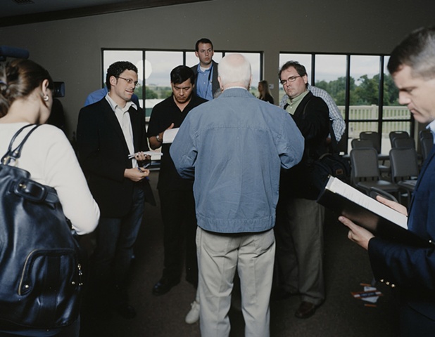 John McCain with the media, Breakfast and Town Hall Meeting, Le Mars Municipal Golf Course, Le Mars, Iowa. June 2, 2007
