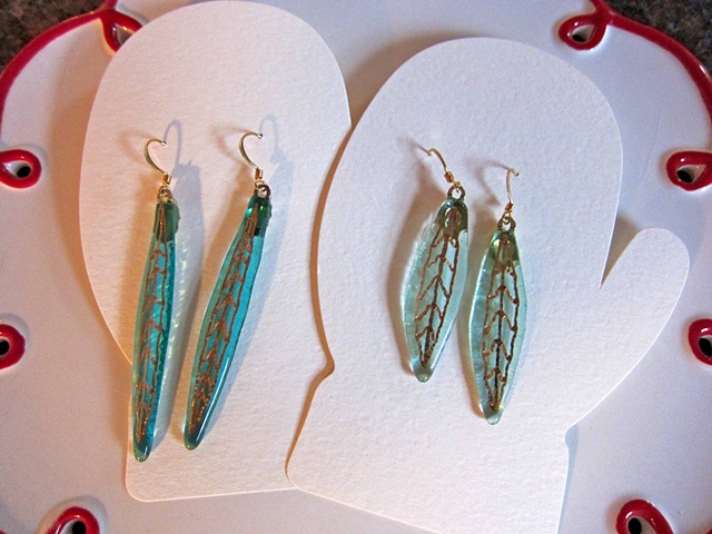 Leaf Earrings...
$24 each pair.
Fused glass, 22k gold, gold-filled ear wires
sizes vary from  1.5" to 2.5" long