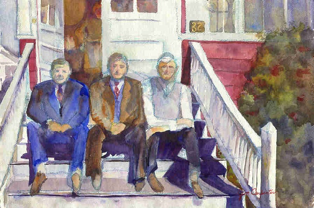 sitting on steps, watercolor painting, nostalgia, 