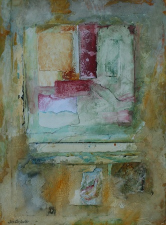 The painting "Venetian Plaster" is a contemporary abstract acrylic painting and collage on paper by Gainesville FL artist Jim Carpenter.