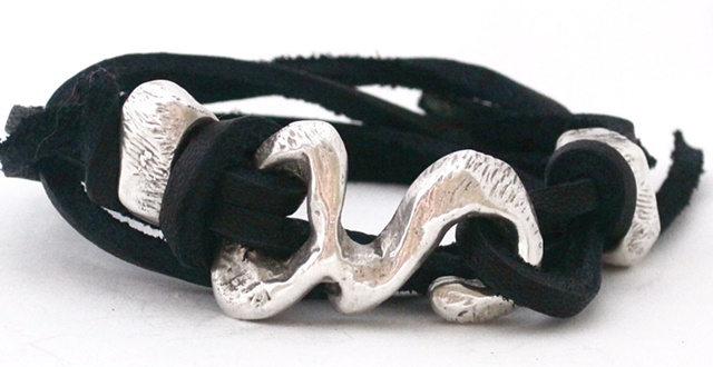 Sterling silver and black leather wrap bracelet