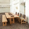 Beam table, bench, chequer plate chairs