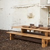 Beam table, bench, chequer plate chairs