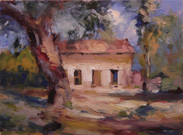 Original oil painting for sale old house in sunlight