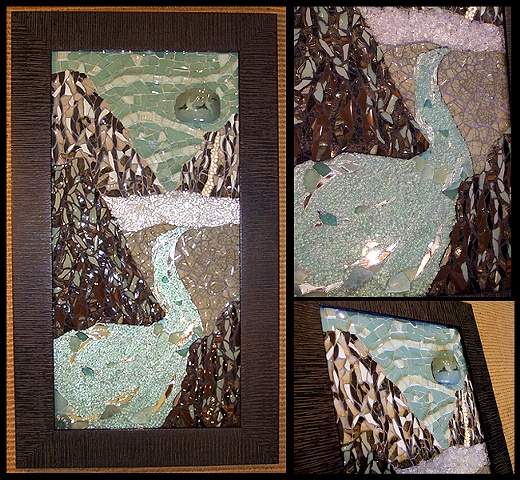 mosaic, pottery, china, temepred glass, salvaged, recycled, mirror, sea glass, pearls, kauai, hawaii, sea, cliffs, landscape, green, brown, aqua, studio fresca