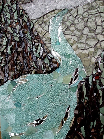 mosaic, pottery, china, temepred glass, salvaged, recycled, mirror, sea glass, pearls, kauai, hawaii, sea, cliffs, landscape, green, brown, aqua, studio fresca