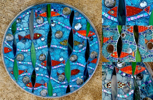 mosaic, glass, tempered glass, fish, sea, tropical, hawaii, blue, stained glass, green, yellow, orange, round, studio fresca, recycled, salvaged, 
