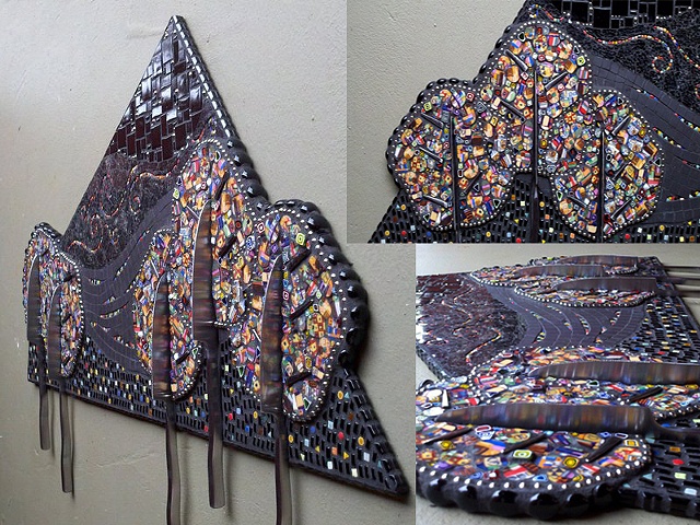 Mixed Media Mosaic art wall hanging with recycled stainless steel flatware, hand-cut discarded dishware, salvaged tempered glass. National Mosaic Exhibition.