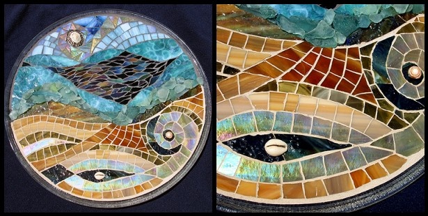 mosaic, stained glass, tropical, hawaii, kauai, studio fresca, sea shells, ocean, beach, figure, nude, round, sea glass, recycled, salvaged