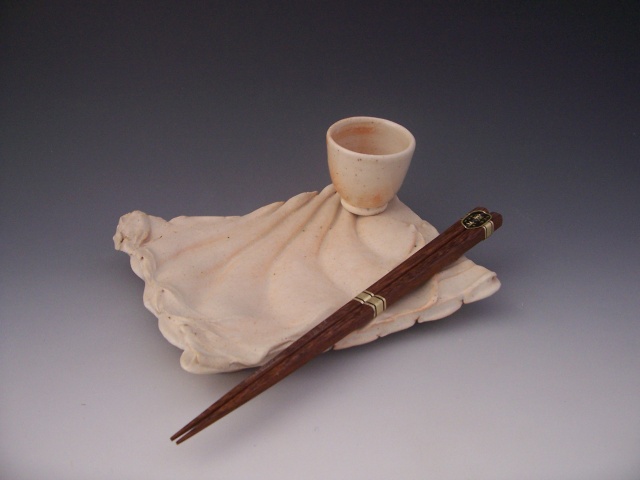 Sushi Plate in Shino with Cup and Chopsticks