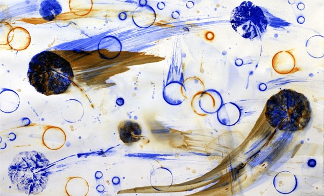 Joan Moment, "Blue Nasturtium Series II", 2003, acrylic on paper, 26"x42"