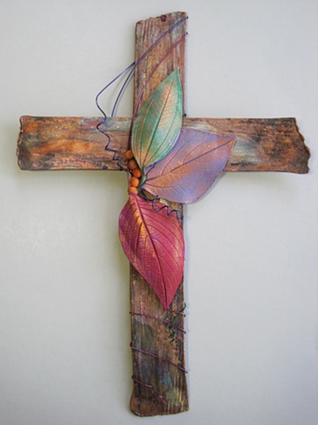 COPPER WALL CROSS WITH 3 POLYMER CLAY LEAVES