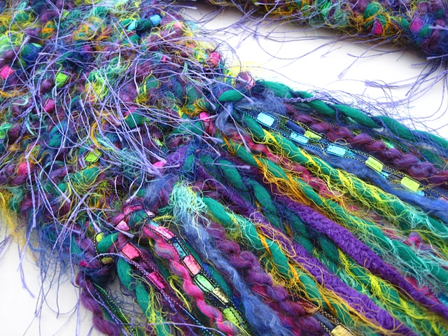 plush hand knit scarf in Mardi Gras colors by Nancy Denmark