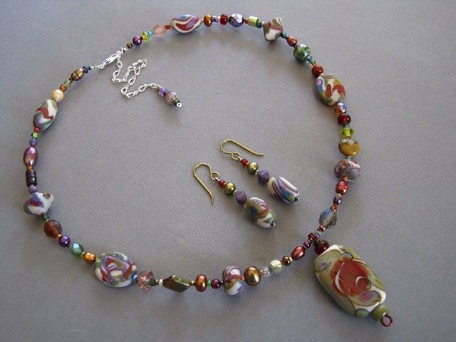 polymer clay beaded necklace with glass pendant