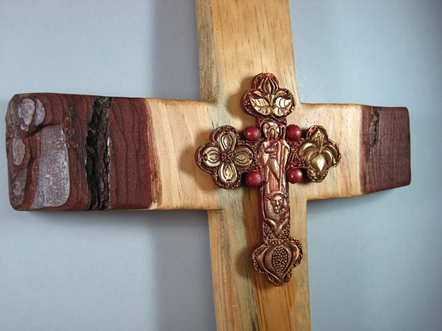 GOOD SHEPHERD BUDDED CROSS 
POLYMER CLAY ON PINE CROSS
CLOSE UP VIEW