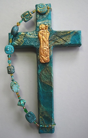 polymer clay good shepherd on collage wall cross