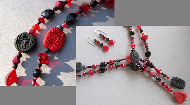 black & red textured polymer clay handmade beads Nancy Denmark