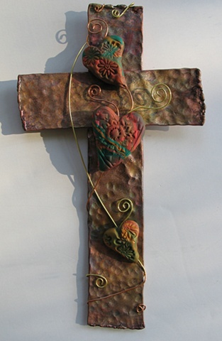 copper wall cross embellished with wire & polymer clay hearts 