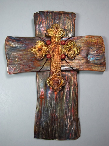 copper cross with polymer clay embellishment by Nancy Denmark