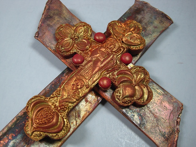 good shepherd themed cross made of copper and polymer clay by Nancy Denmark