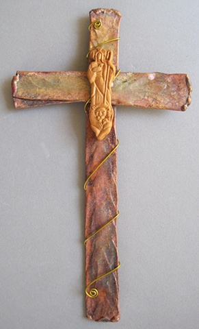 polymer clay good shepherd on copper cross