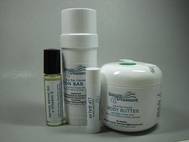 raw cocoa butter lotion stick, body butter, moisturizing oil, & lip balm set