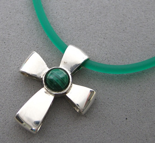 sterling silver ribbon cross with malachite cabochon Nancy Denmark