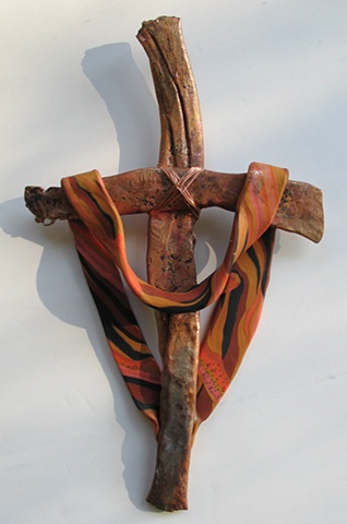 copper wall cross embellished with polymer clay shroud 