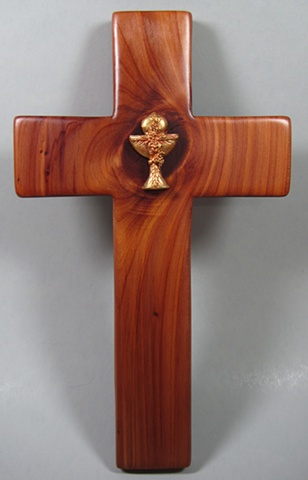 BREAD OF THE WORLD, WINE OF THE SOUL POLYMER CLAY SYMBOL ON CEDAR CROSS FULL VIEW
