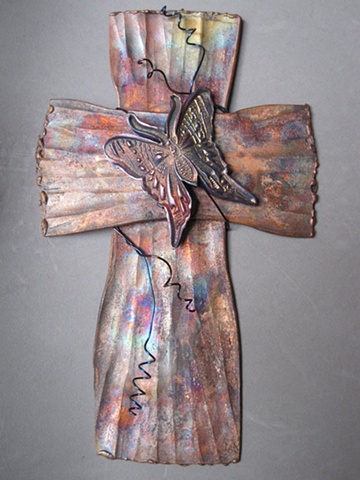 copper wall cross with clay butterfly