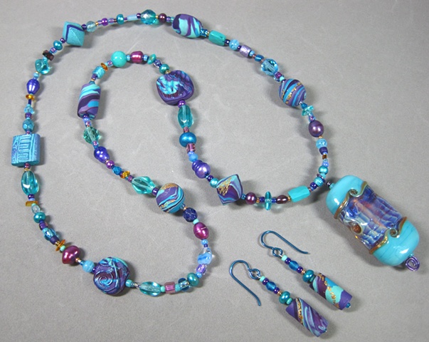 TURQUOISE & PURPLE GLASS BEAD PENDANT NECKLACE SET