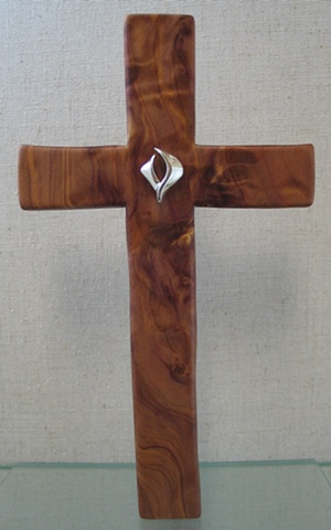 free standing cedar cross with sterling silver descending dove