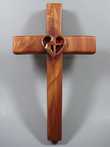 HEART ABLAZE POLYMER CLAY SYMBOL ON CEDAR CROSS 
FULL VIEW