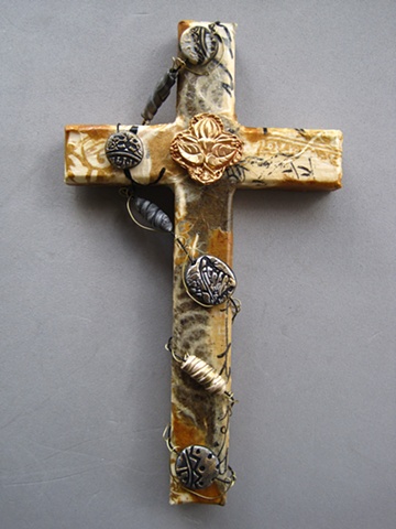 collage wall cross with lotus symbol beads wire Nancy Denmark