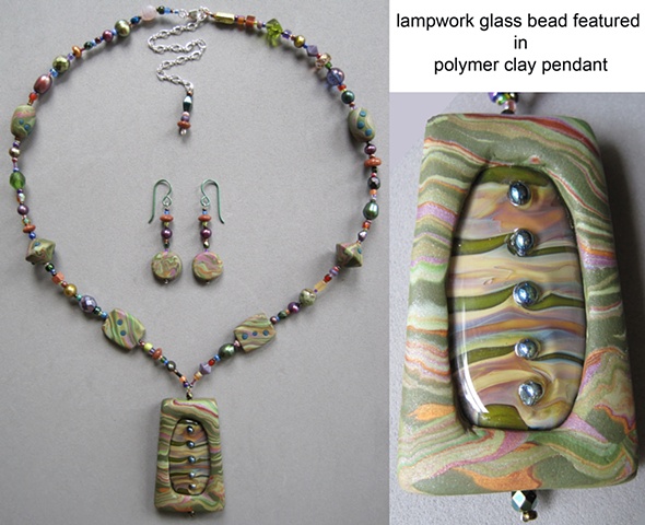 polymer clay beaded necklace set with lampwork glass bead pendant feature