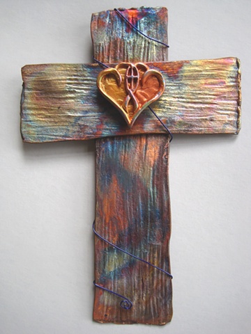 copper wall cross with polymer clay marriage symbol by Nancy Denmark